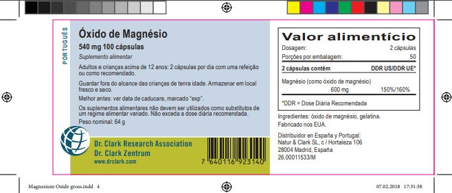 Óxido de magnésio, 540 mg (= 300 mg de magnésio) 100 cápsulas